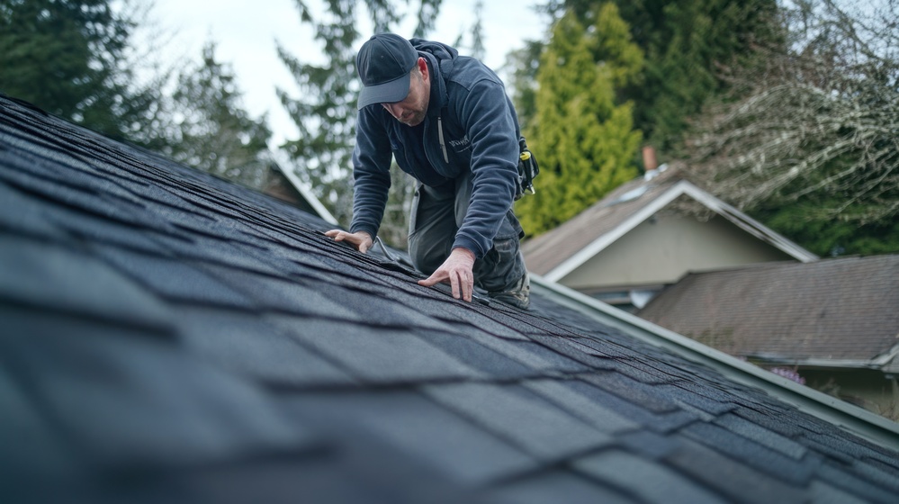 A roof inspection in progress, with an inspector carefully examining the shingles, gutters, and overall roof structure, highlighting potential areas of concern